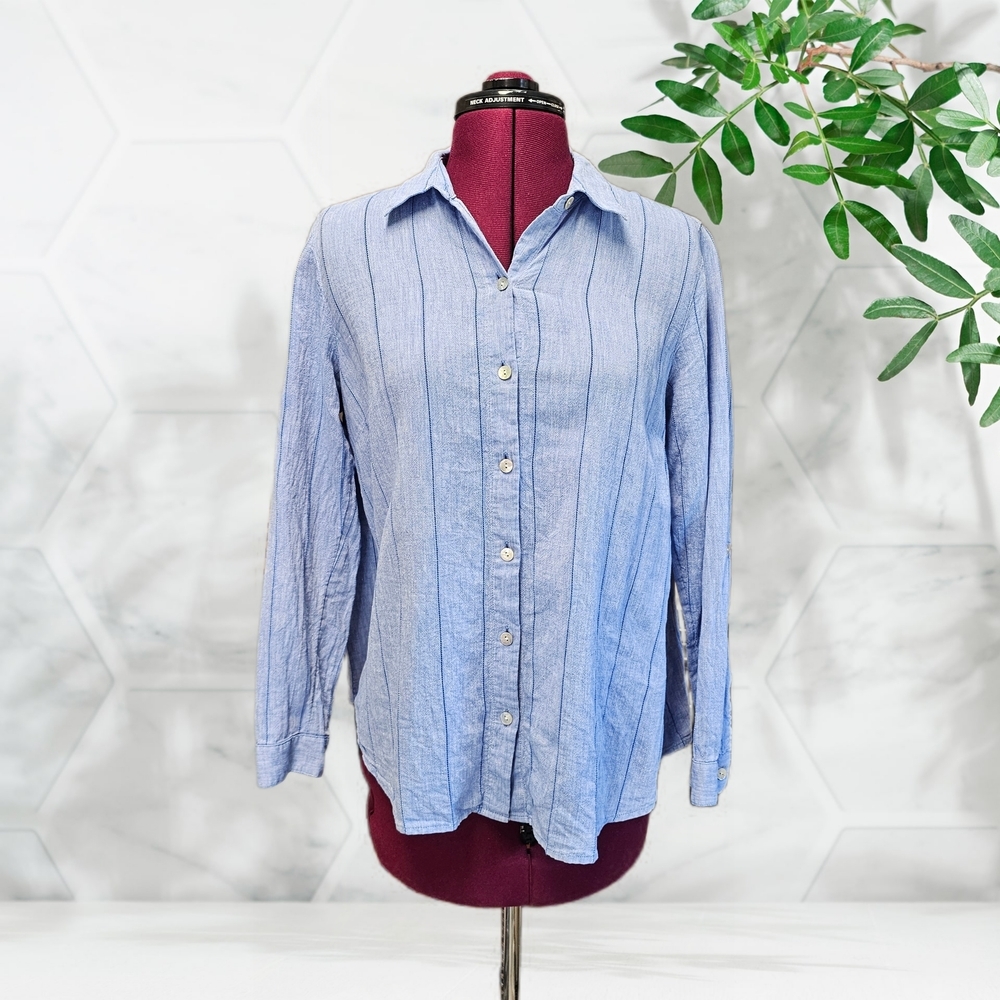 J. Jill Blue Striped Button Down Linen And Cotton Blend Shirt